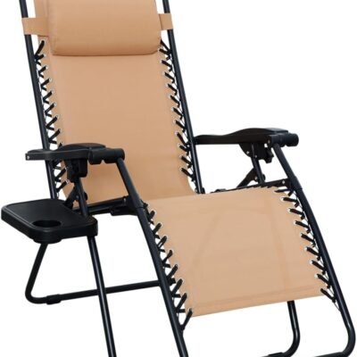 Outdoor  Adjustable Zero  Folding Reclining Lounge Chair with Pillow, 26", Beige