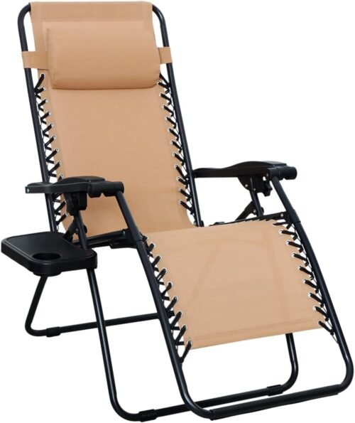 Outdoor  Adjustable Zero  Folding Reclining Lounge Chair with Pillow, 26", Beige