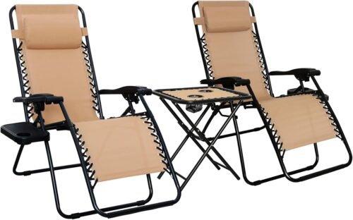 Outdoor Mesh Adjustable Zero  Lounge Chair Recliners with Side Table, 35 x 26 x 43 inches, Beige