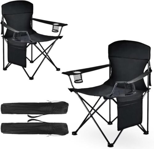 2 Pack Large Portable Camping Chair - Steel Frame, Folding Design, Storage Pockets, Cup Holder, Carry Bag - Ideal for Beach, Fishing, Tailgating, Outdoor Sports - Carry Bag