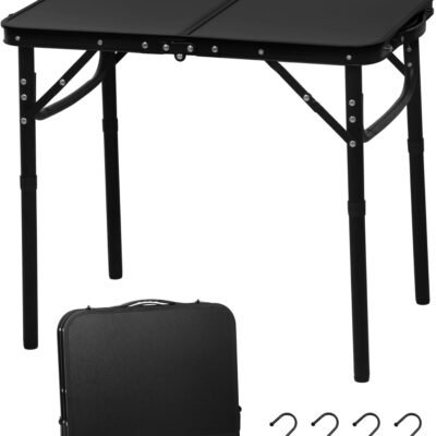 2024 Reinforced Small Folding Table Portable, Small Foldable Camping Table, Heavy-Duty Mini Folding | Adjustable Height | Lightweight Premium Aluminum with Handle | Black 25"x16"x22"