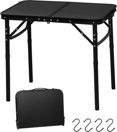 2024 Reinforced Small Folding Table Portable, Small Foldable Camping Table, Heavy-Duty Mini Folding | Adjustable Height | Lightweight Premium Aluminum with Handle | Black 25"x16"x22"