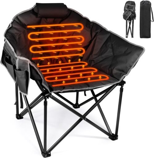 Oversized Heated Camping Chair, Heated Chairs Outdoor Sports W/3 Heat Levels for Back & Seat, Portable Folding Heated Lawn Chairs for Patio Outdoor Travel, (Battery NOT Included)