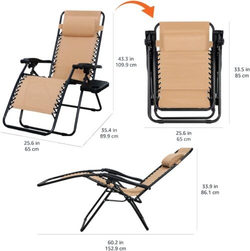 Outdoor  Adjustable Zero  Folding Reclining Lounge Chair with Pillow, 26", Beige
