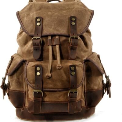 Men Travel Backpack, Genuine Leather-Waxed Canvas Shoulder Hiking Rucksack