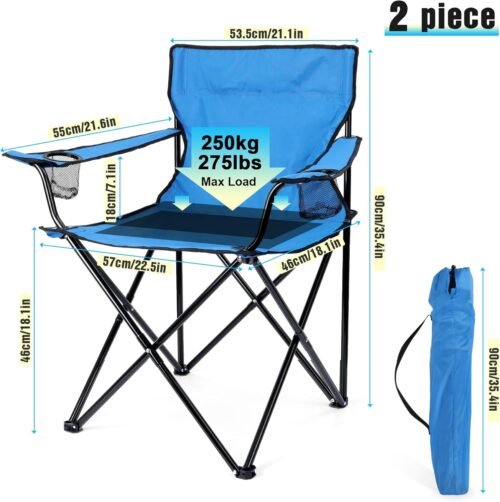 Foldable Camping Chair Set of 2,  Folding Camp Chairs & Carrying Bags for Adults, Portable for Lawn, Outdoors, Fishing, Hiking, Travel, Picnic, Beach, Oversized & Supports 275lbs (Black & Blue)