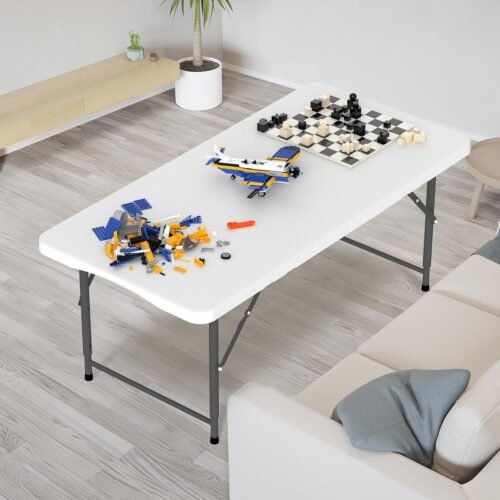 4 FT Plastic Folding Camping Table,3-Level Adjustable Height, Portable in/Outdoor Party Picnic Dining Desk, Garden Soccer Multipurpose Entertaining Activities，White