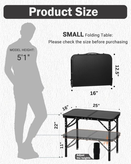 2024 Reinforced Small Folding Table Portable, Small Foldable Camping Table, Heavy-Duty Mini Folding | Adjustable Height | Lightweight Premium Aluminum with Handle | Black 25"x16"x22"