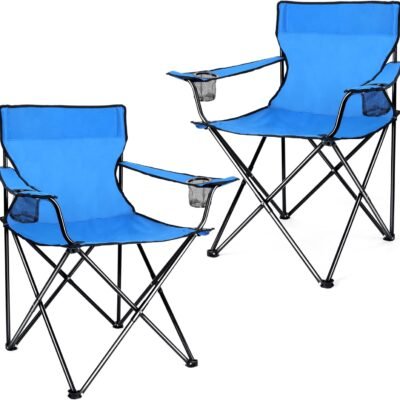 Portable Camping Chair, Outdoor Lawn Folding Chairs for Adults, Heavy Duty Large Foldable Chairs for Beach, Fishing, Tailgating and More Outdoor Sport, Carry Bag & Cup Holder (2, Blue)