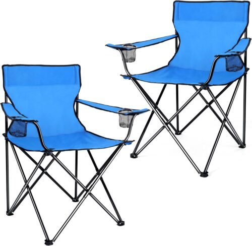 Portable Camping Chair, Outdoor Lawn Folding Chairs for Adults, Heavy Duty Large Foldable Chairs for Beach, Fishing, Tailgating and More Outdoor Sport, Carry Bag & Cup Holder (2, Blue)