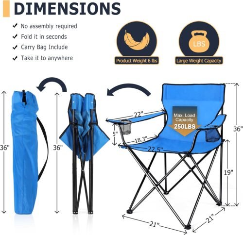 Portable Camping Chair, Outdoor Lawn Folding Chairs for Adults, Heavy Duty Large Foldable Chairs for Beach, Fishing, Tailgating and More Outdoor Sport, Carry Bag & Cup Holder (2, Blue)