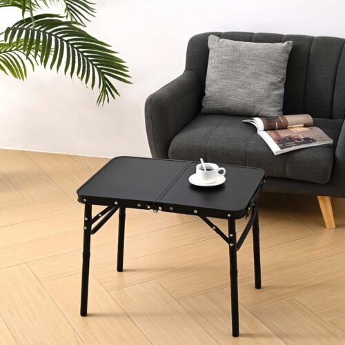Folding Picnic Table with Storage Net, Matte Black Aluminum Folding Table 23.6" x 15.8", Adjustable Height Max 27", Lightweight Portable for Camping Travel Grill Indoor