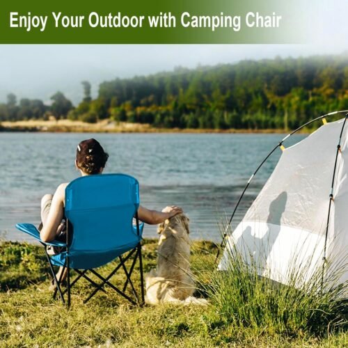 Folding Camping Collapsible Chairs Heavy Duty Lawn Chair with Cooler Bag, Storage Pocket, Waterproof Bag Outdoor Arm Chair, Supports 225LBS, Blue