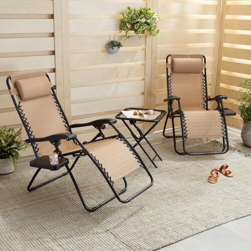 Outdoor Mesh Adjustable Zero  Lounge Chair Recliners with Side Table, 35 x 26 x 43 inches, Beige